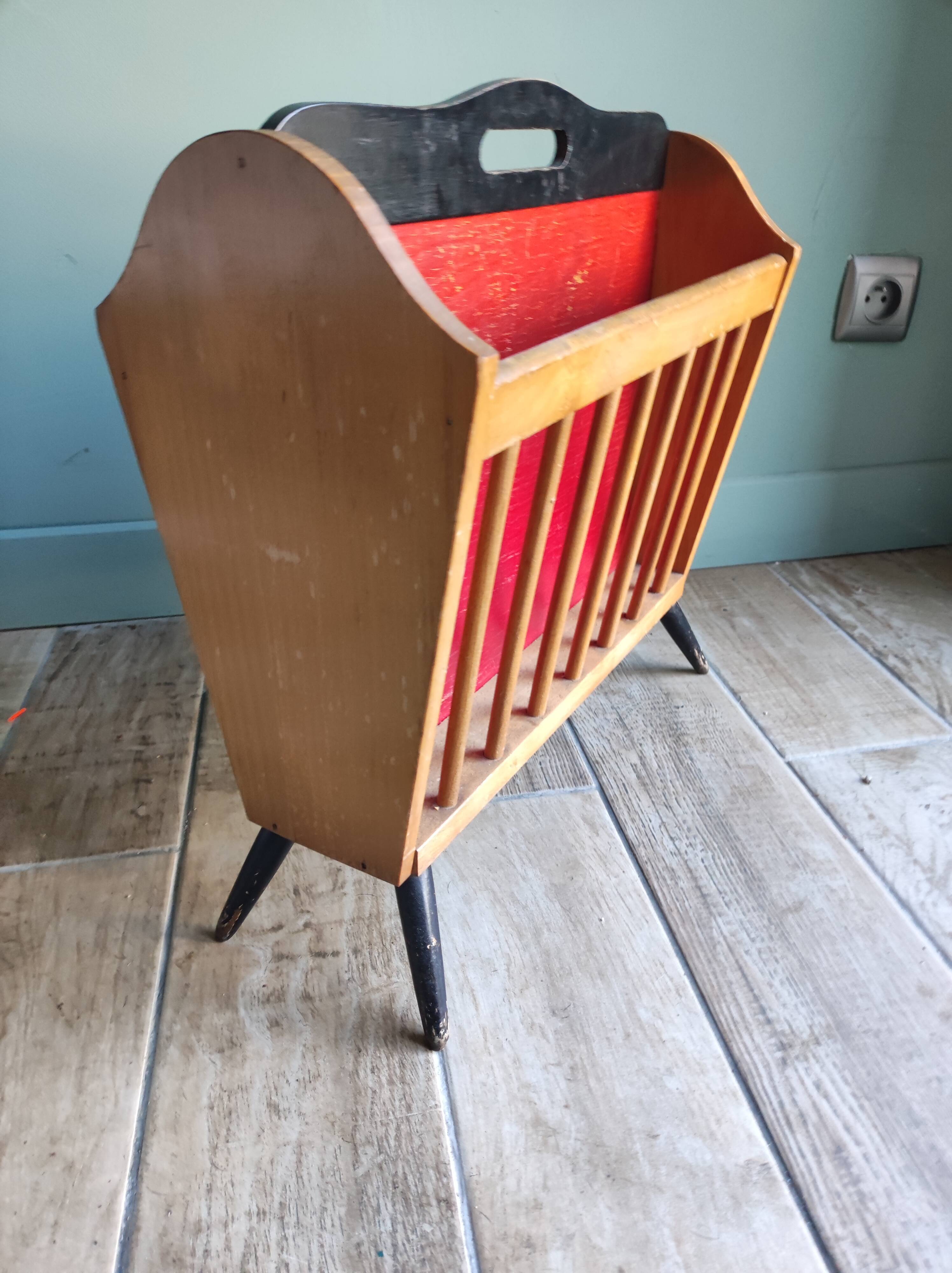 Wooden magazine holder feet compass vintage Scandinavian design