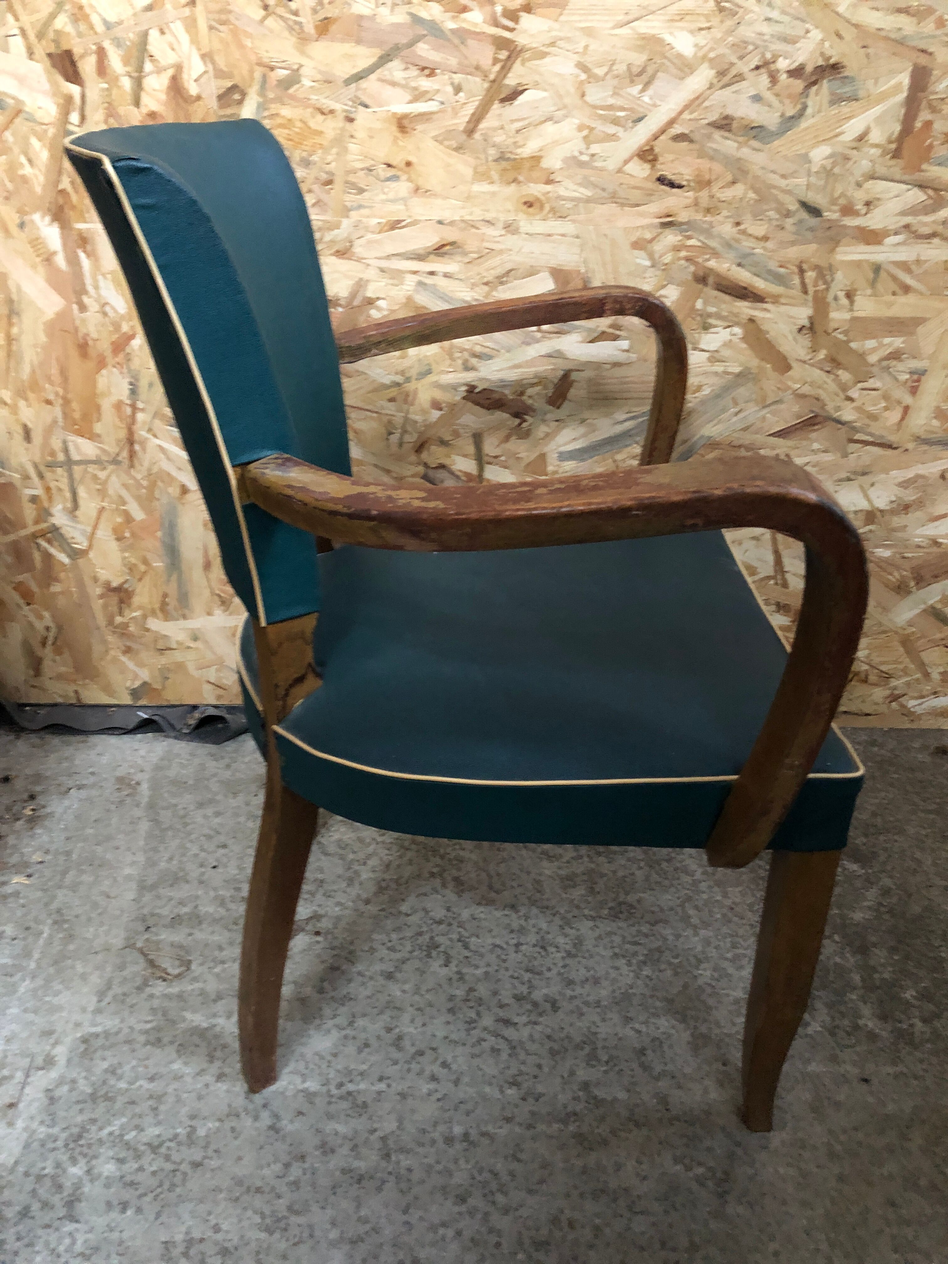 Old wooden bridge armchair + seat & back skaï vintage green