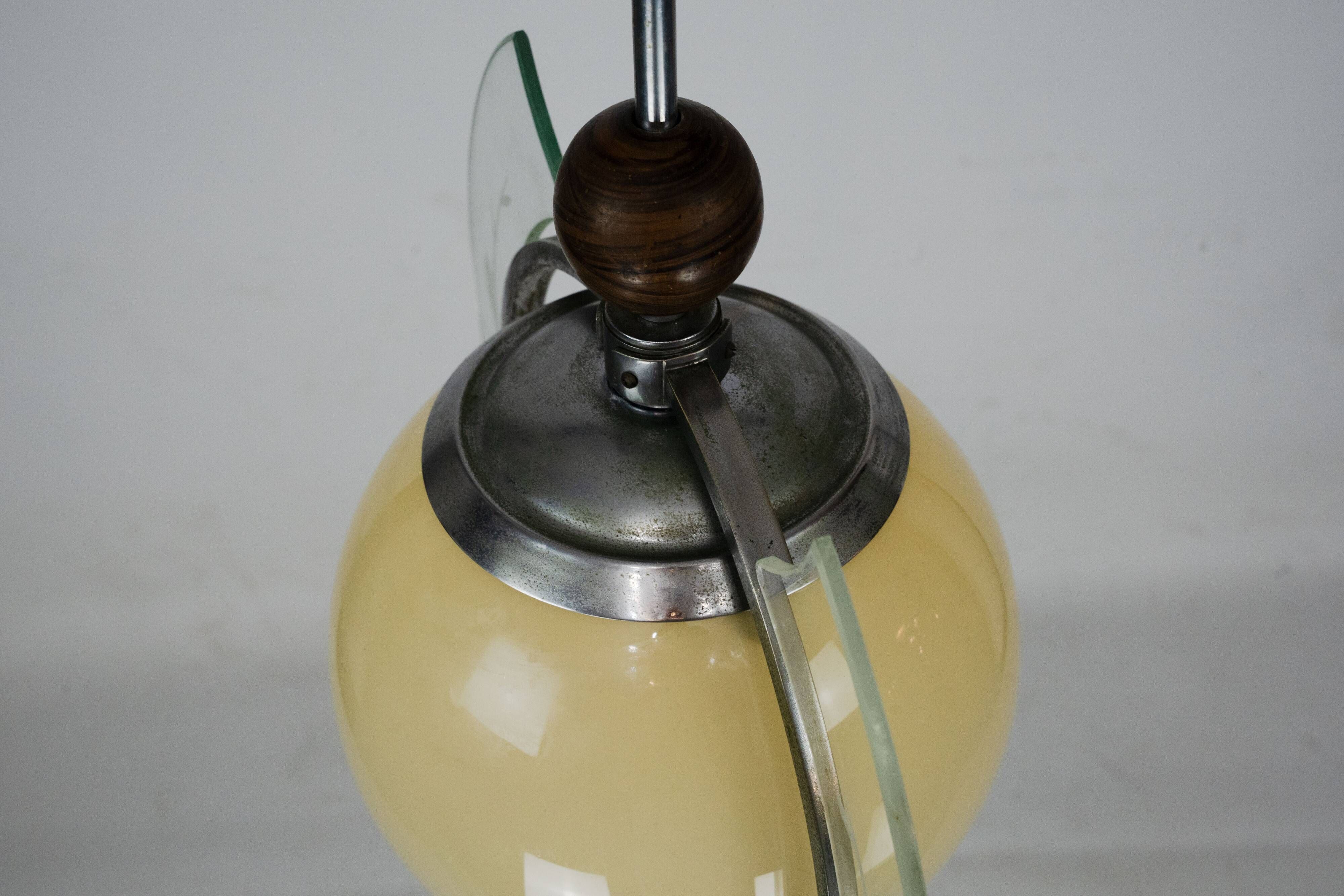 1930s Italian Art Deco Pendant Light with Etched Glass and Amber Globe