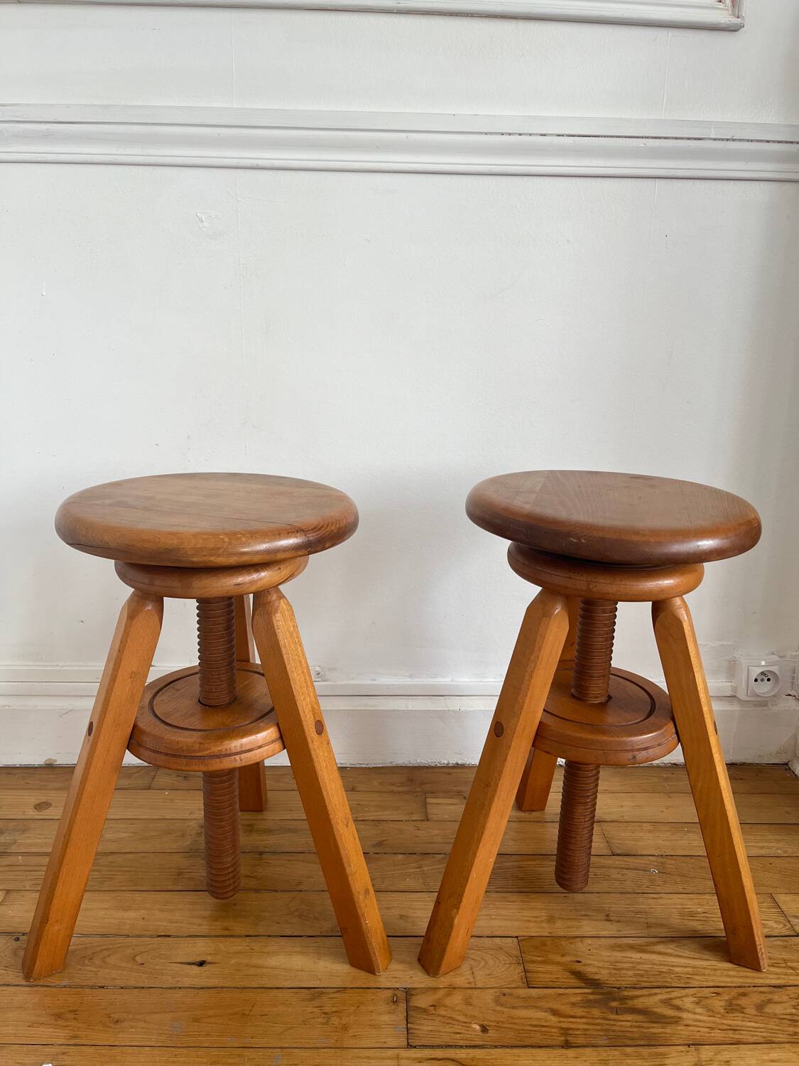 Pair of solid wood screw stools