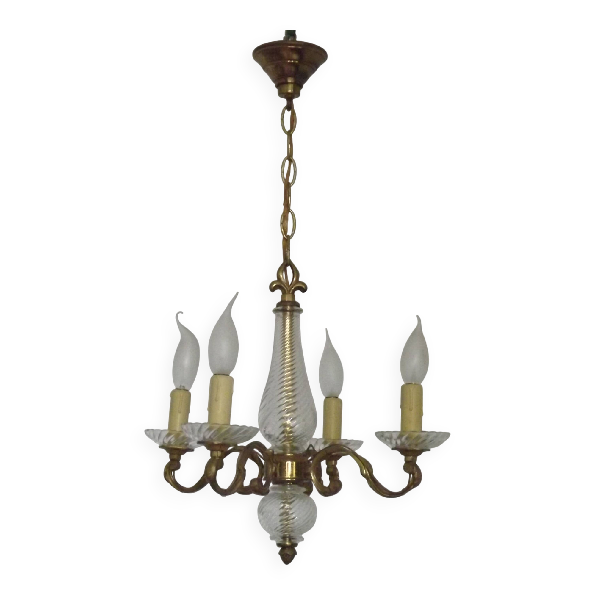 Mid-Century Bronze & Cut Glass 4-Light Chandelier with Fleur-de-Lys Detail