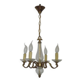 Mid-Century Bronze & Cut Glass 4-Light Chandelier with Fleur-de-Lys Detail