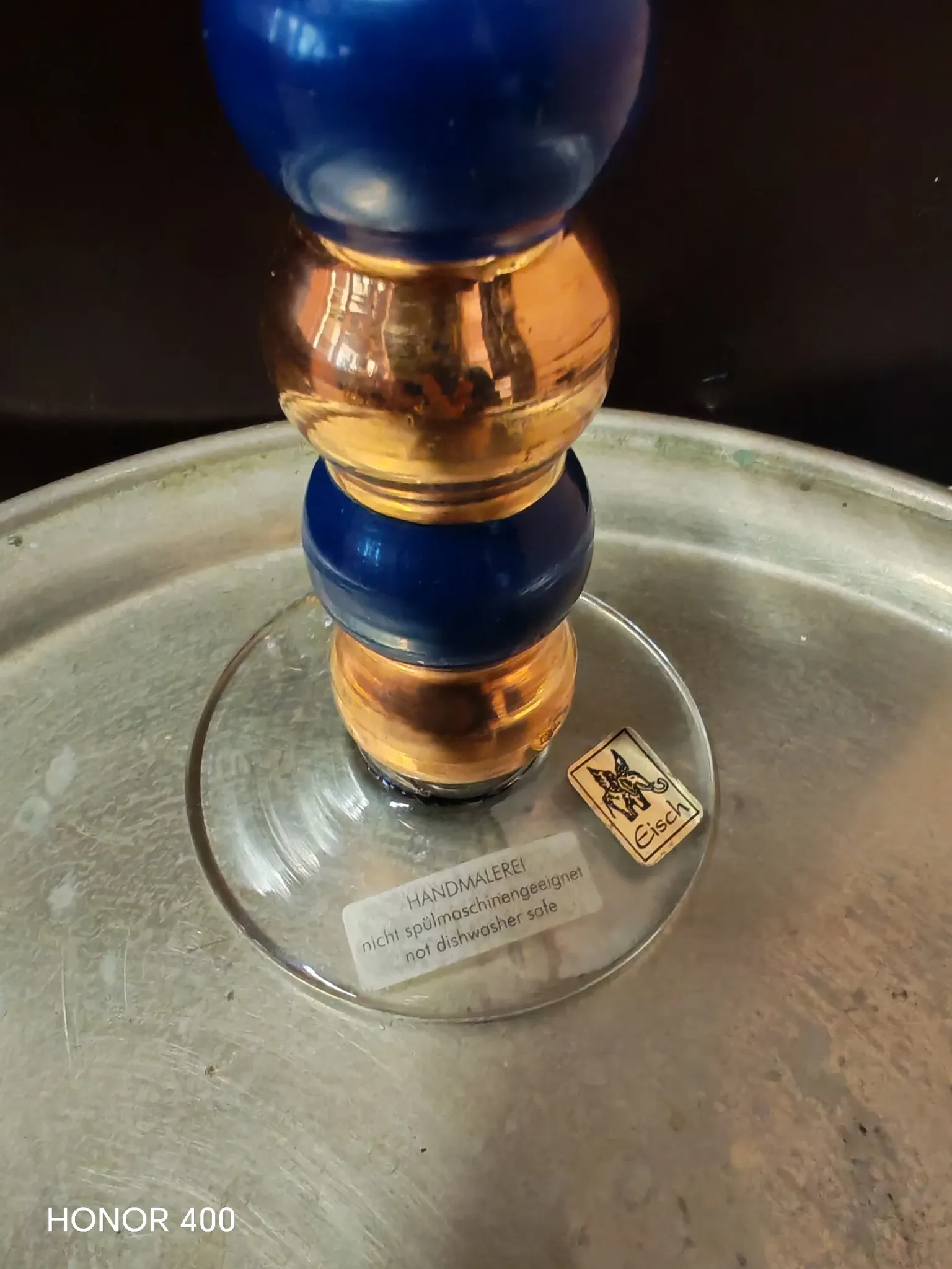 Post-modern cobalt blue glass candlestick, Memphis style.