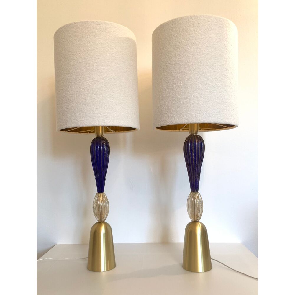 Blue and trasparent-gold murano glass table lamps with bouclé