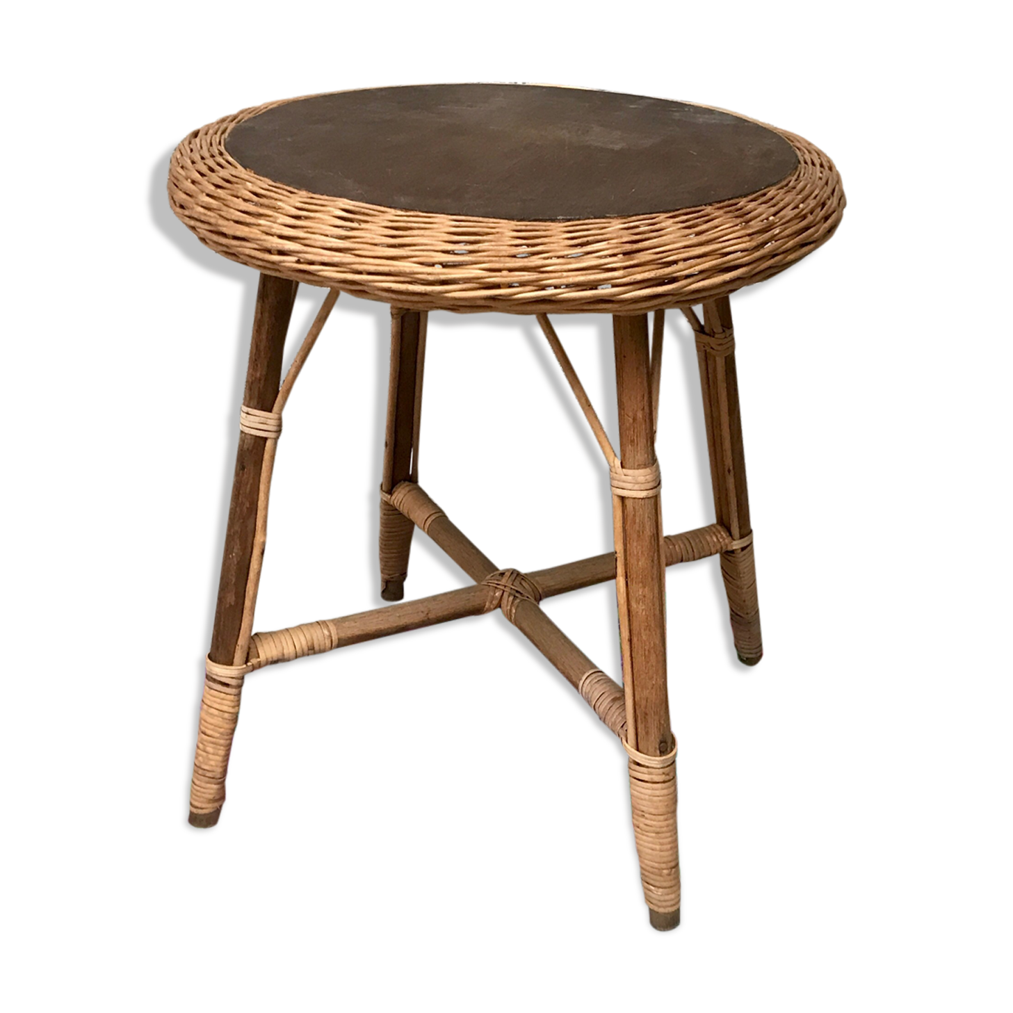 Vintage side table in bohemian old rattan wicker 1950