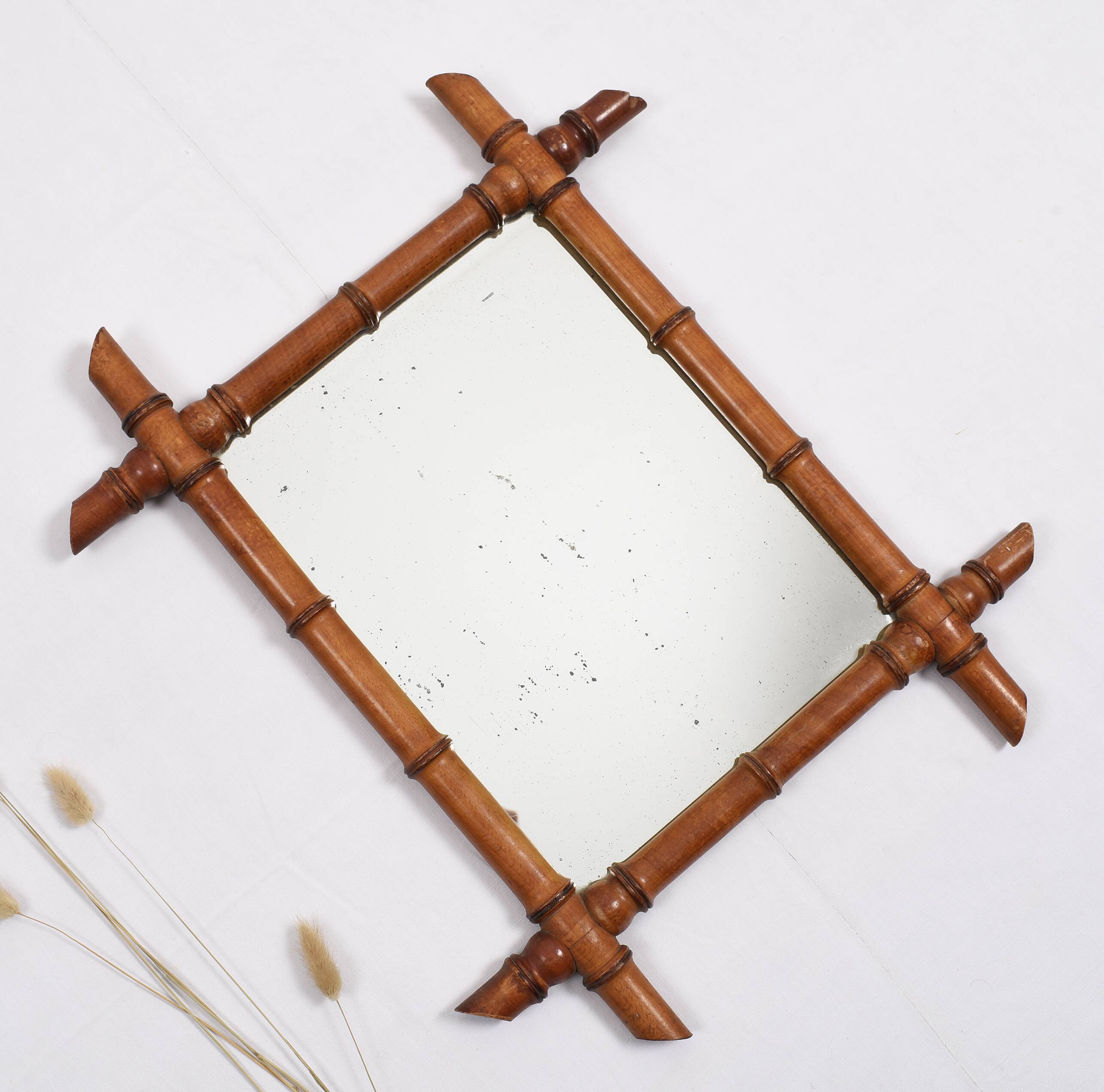 Old turned wooden mirror, bamboo imitation
