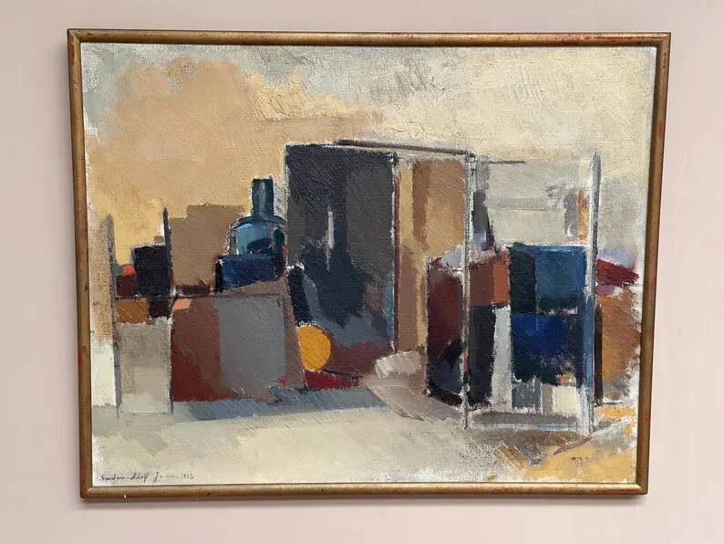 Large original Swedish oil on canvas - 'Blue Bottle and Books' by Gustav Adolf Johansson - 1962 - vintage and framed