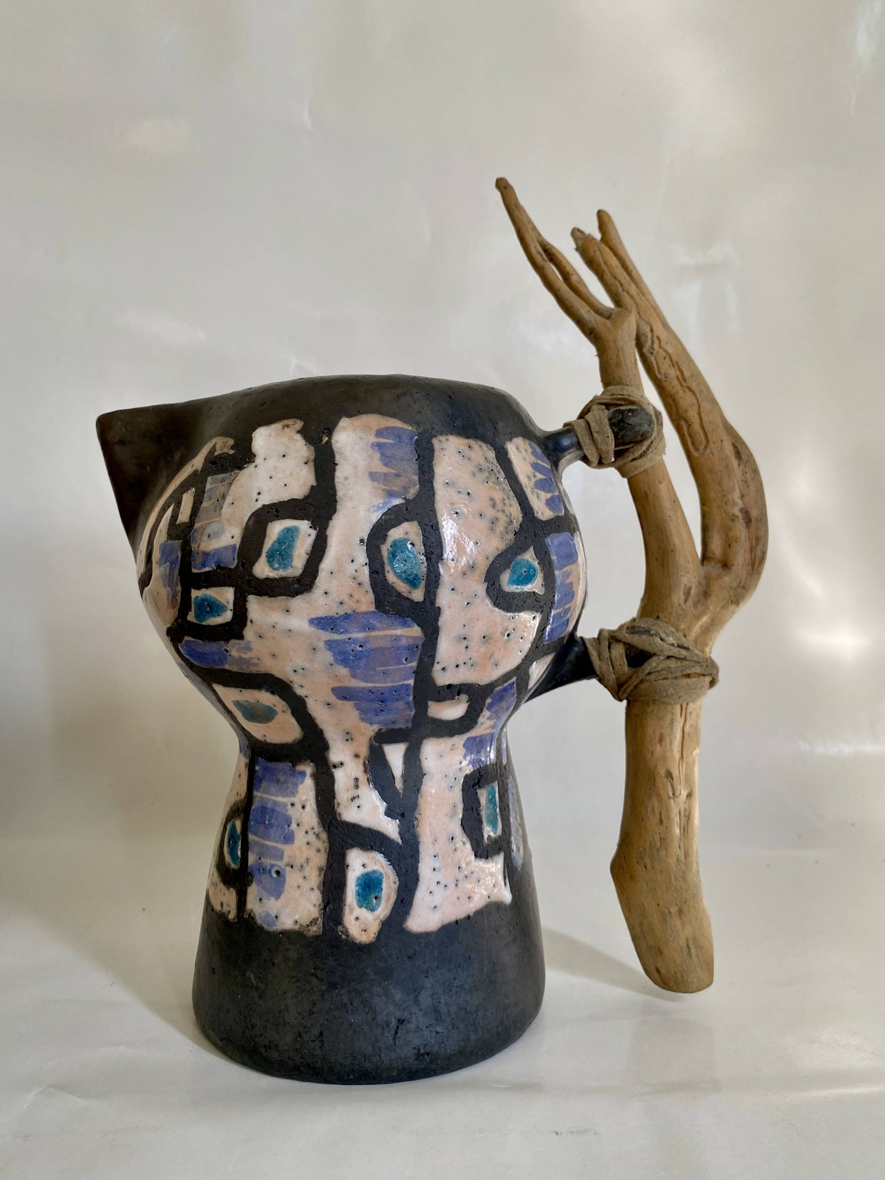 Ceramic and wood pitcher vase, 1980s