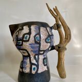 Ceramic and wood pitcher vase, 1980s