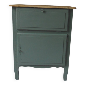 Vintage furniture re-enchanted in smoky green, wooden top.