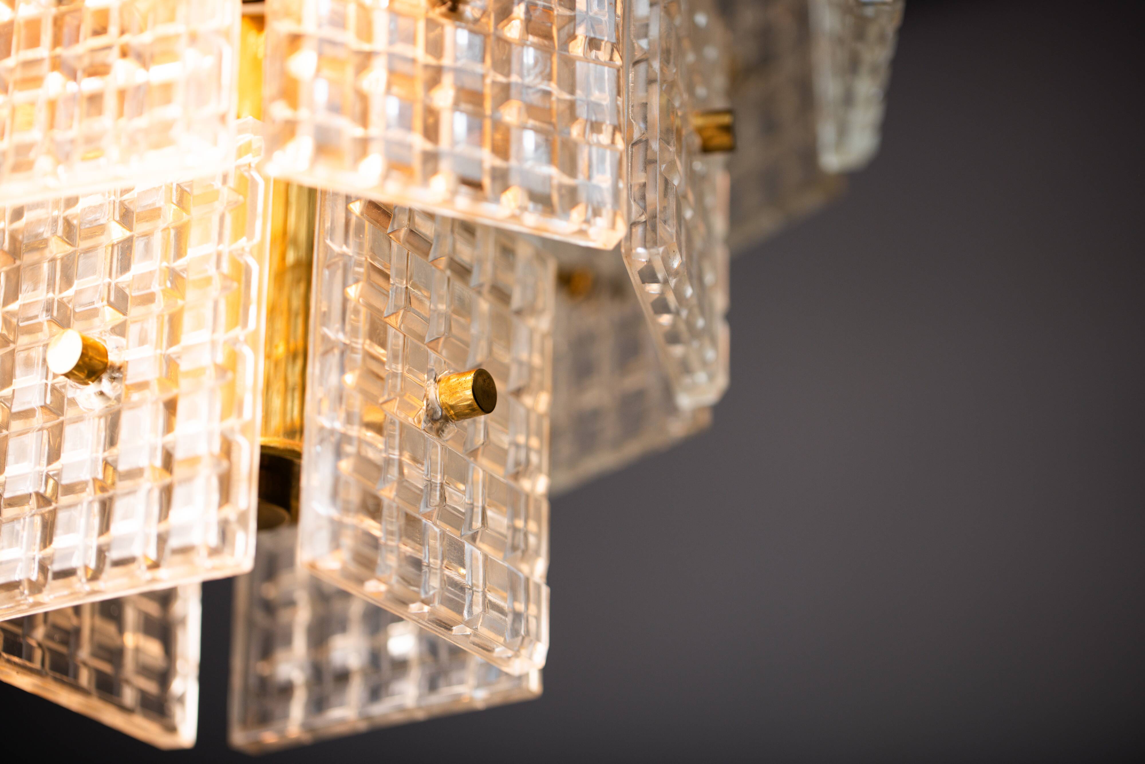 Vintage Embossed Glass Chandelier: 1970s Brass Pendant Lamp