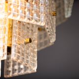 Vintage Embossed Glass Chandelier: 1970s Brass Pendant Lamp
