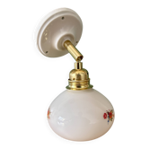 Vintage globe wall sconce in white opaline glass with floral decorations