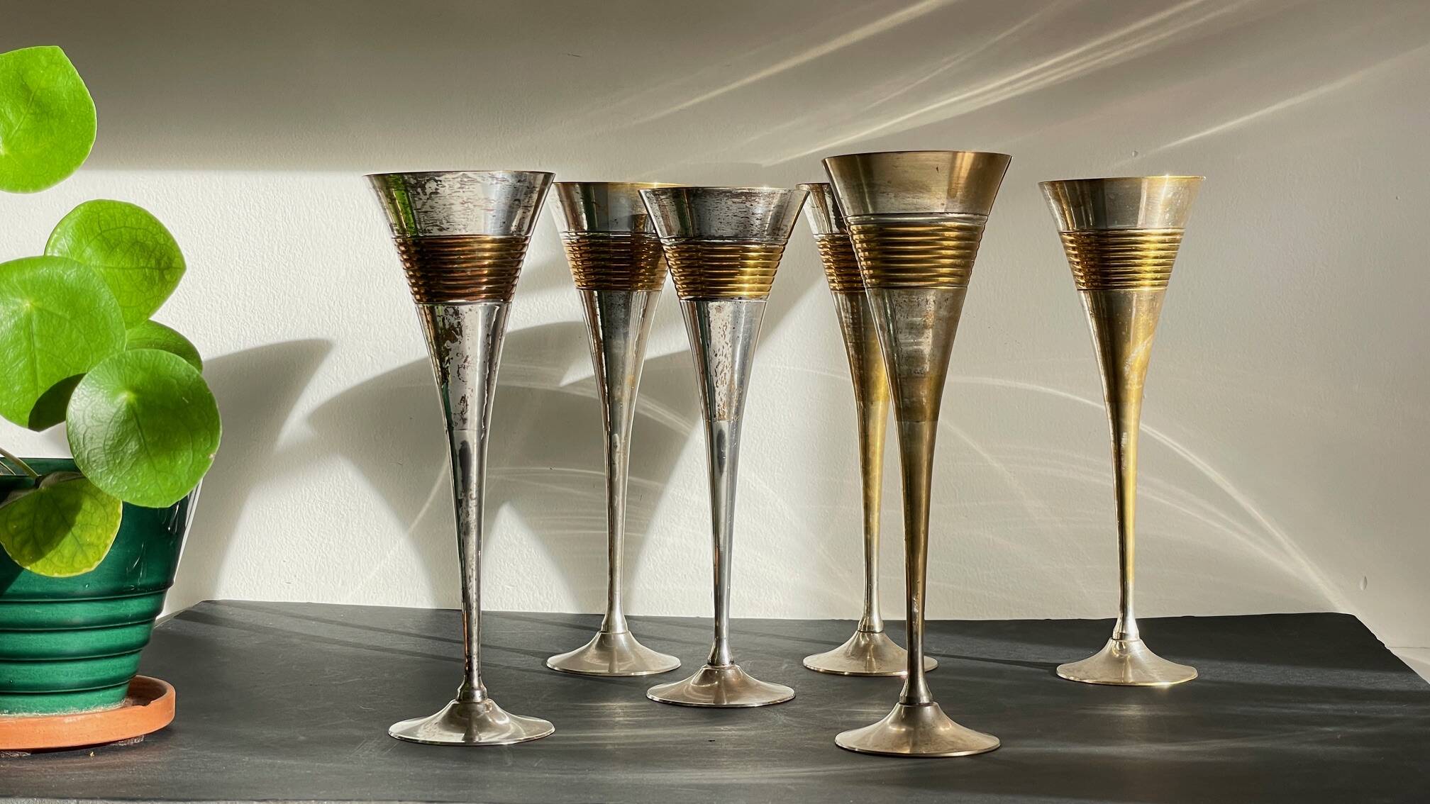 6 Vintage Silver-Plated Brass Champagne Flutes