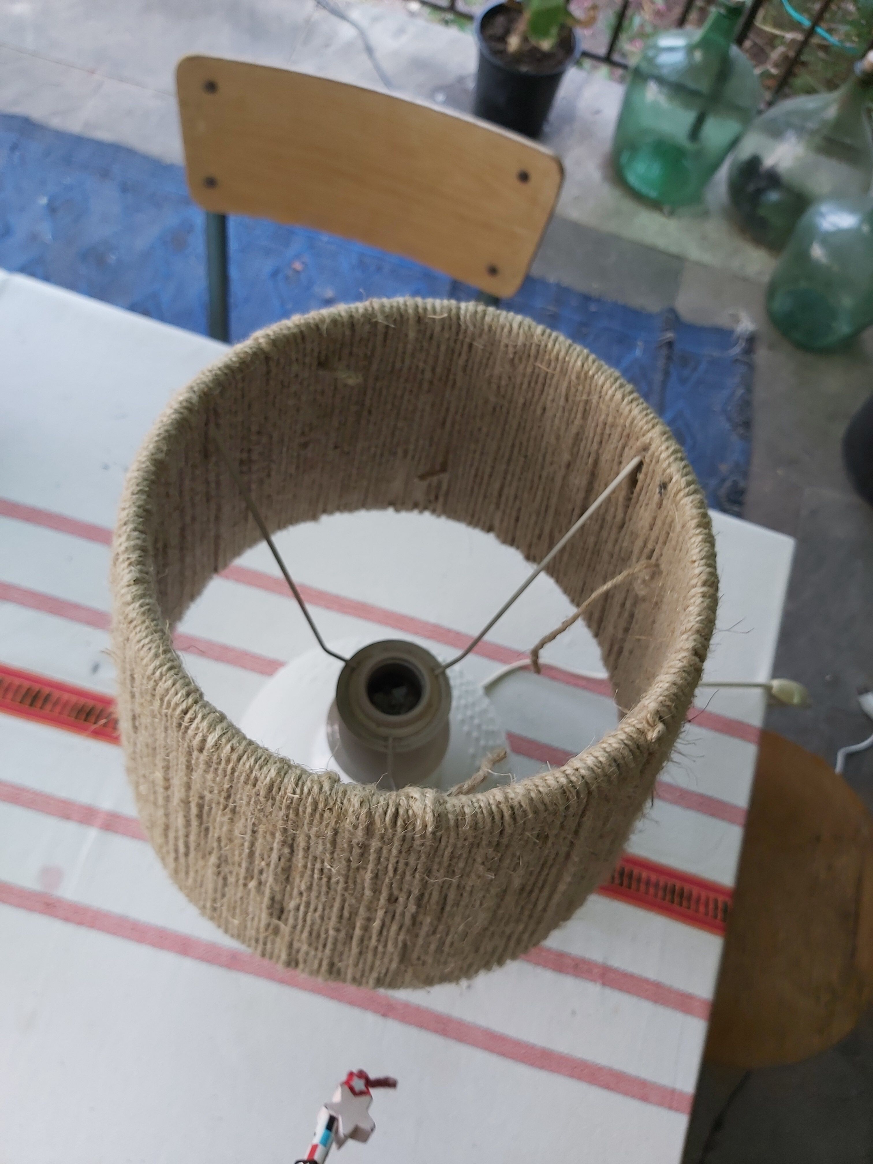 Vintage frosted glass lamp and rope lampshade