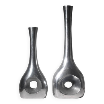 Polished Aluminum Circular Cutout Tall Vases Set