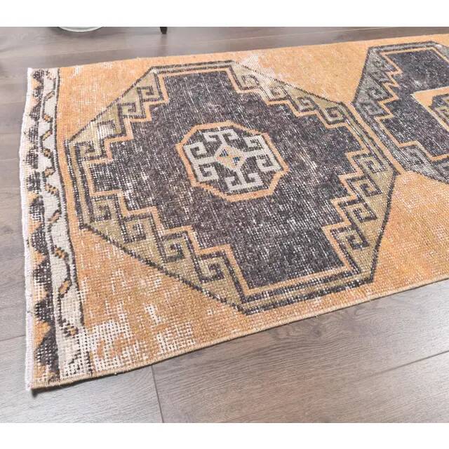 1960s Orange Geometric Turkish Hand-Knotted Runner Rug 77x345