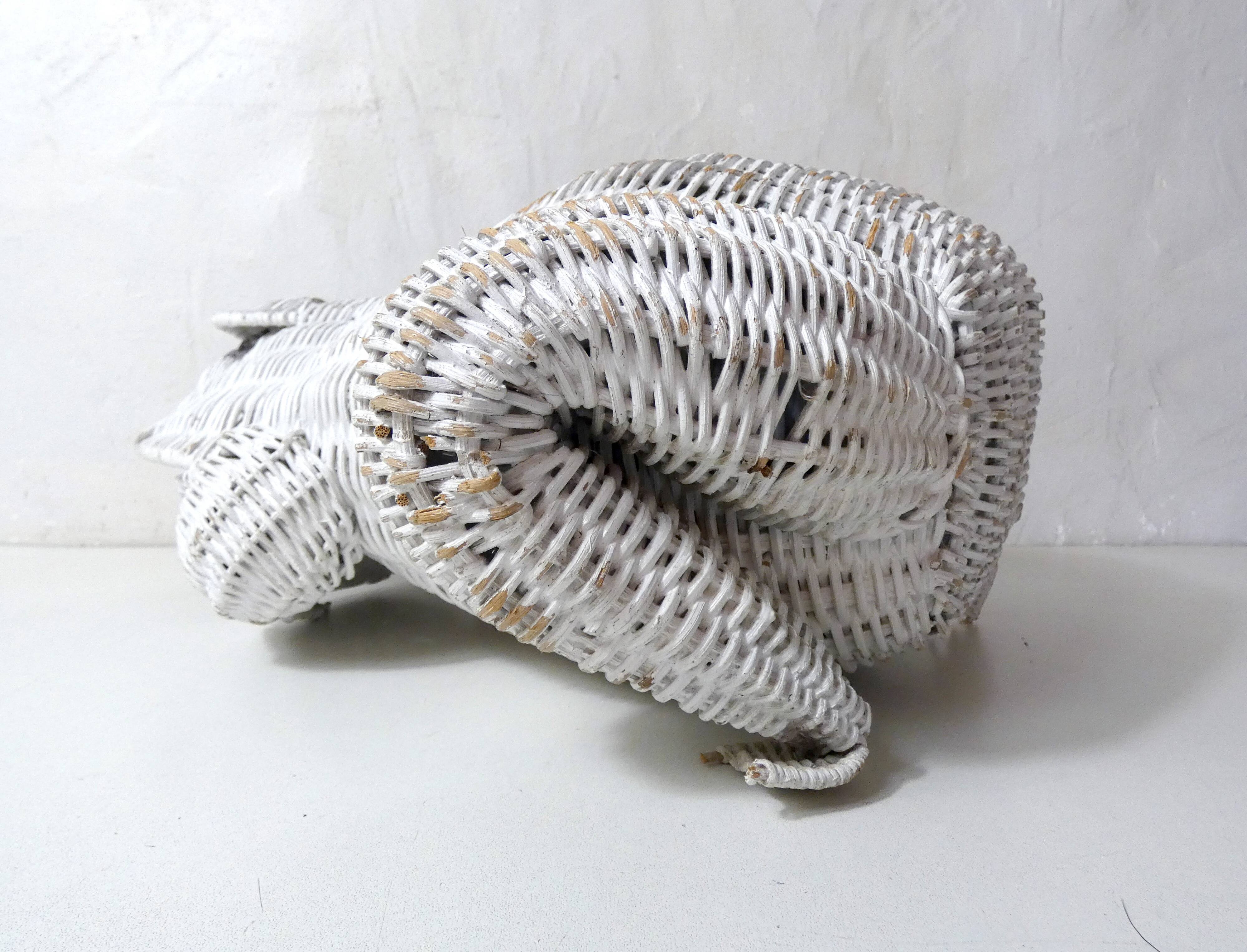 Corbeille à papier grenouille vintage en rotin blanc