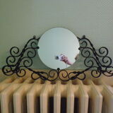 Vintage wall coat rack with mirror, 4 hooks, wrought iron