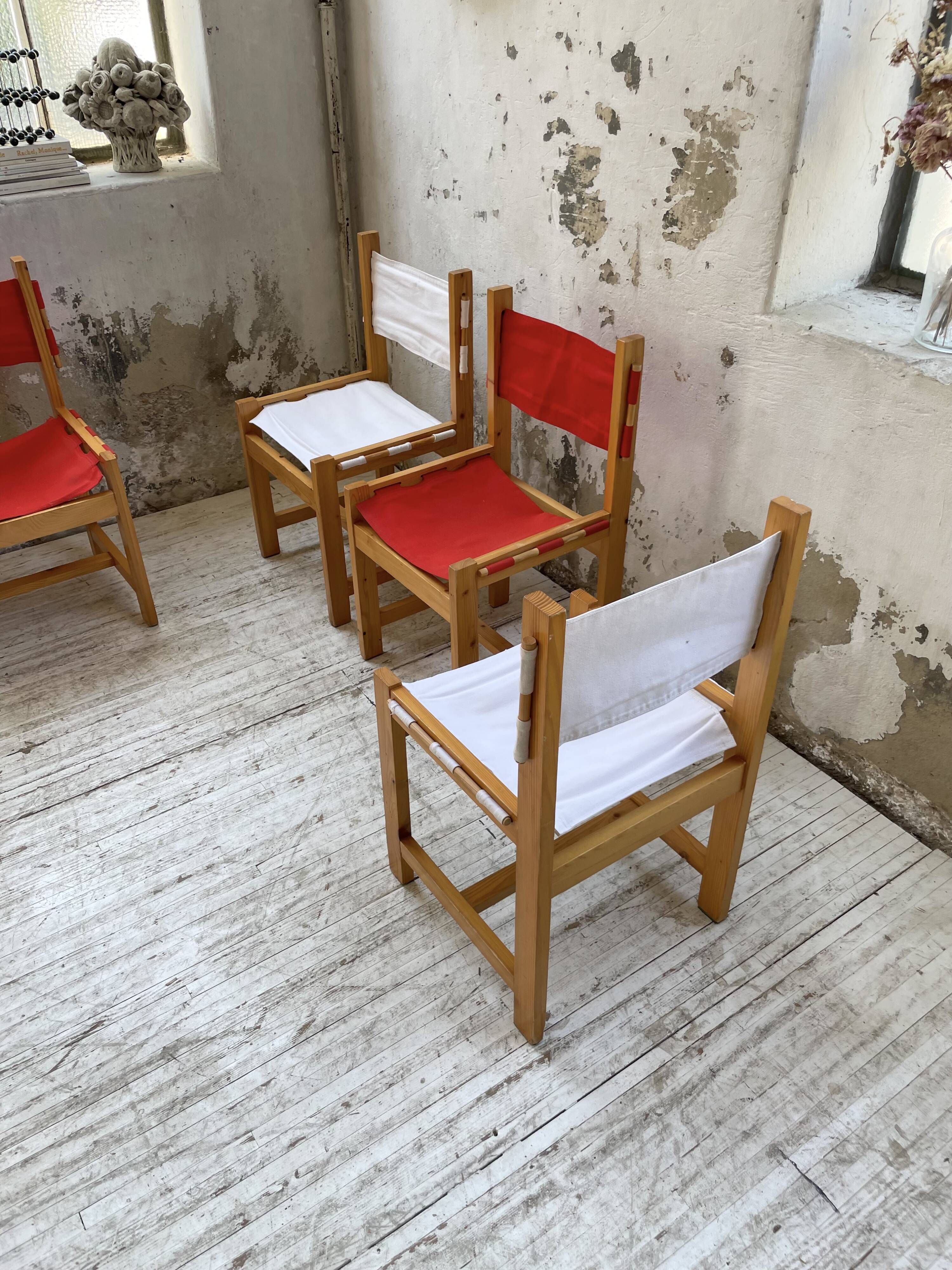 Set of 4 80s colored pine chairs