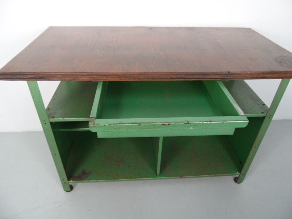 Industrial metal workbench with wooden top 1960s