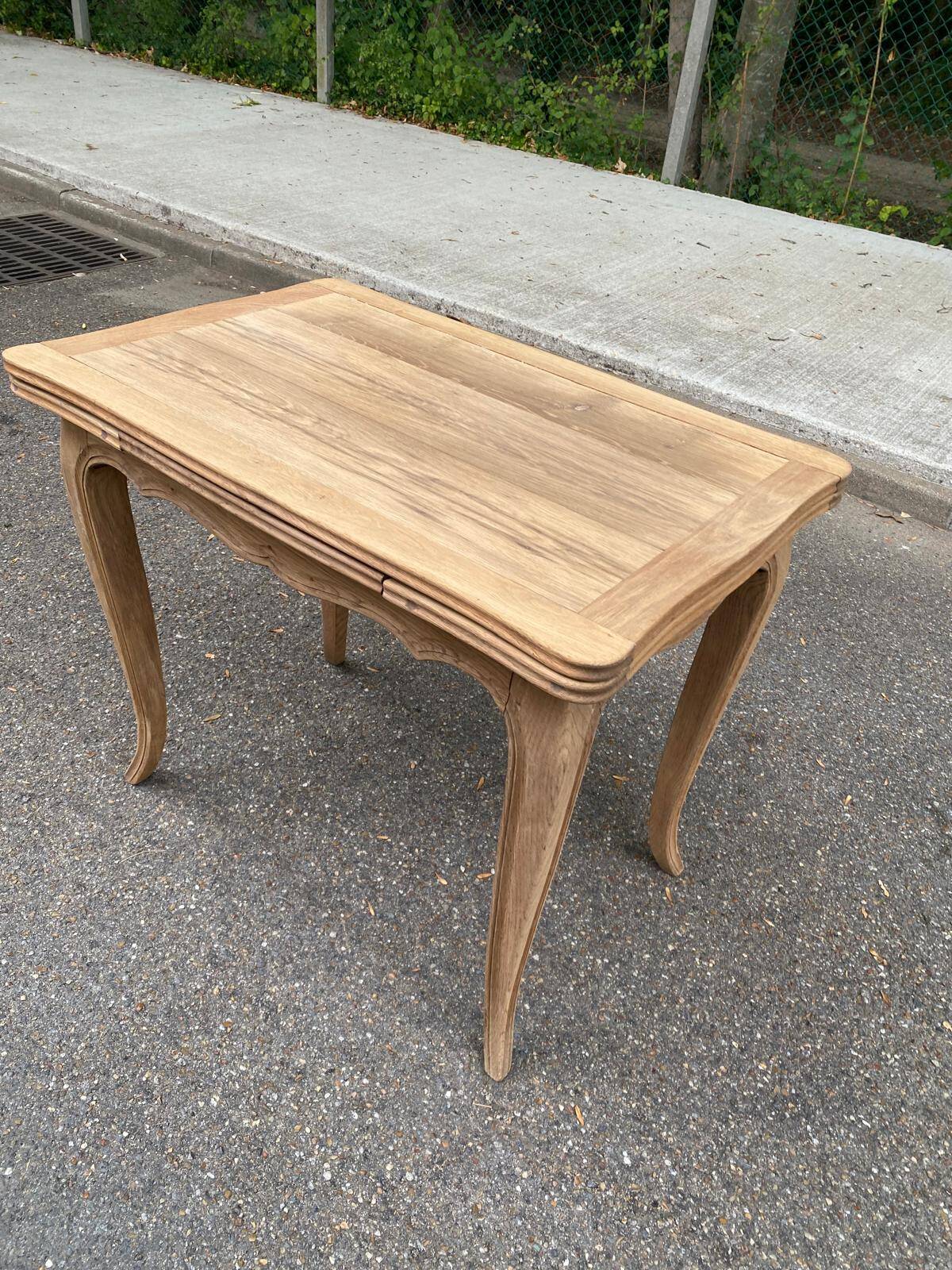 Small dining table, extendable Louis XV kitchen table, stripped oak.