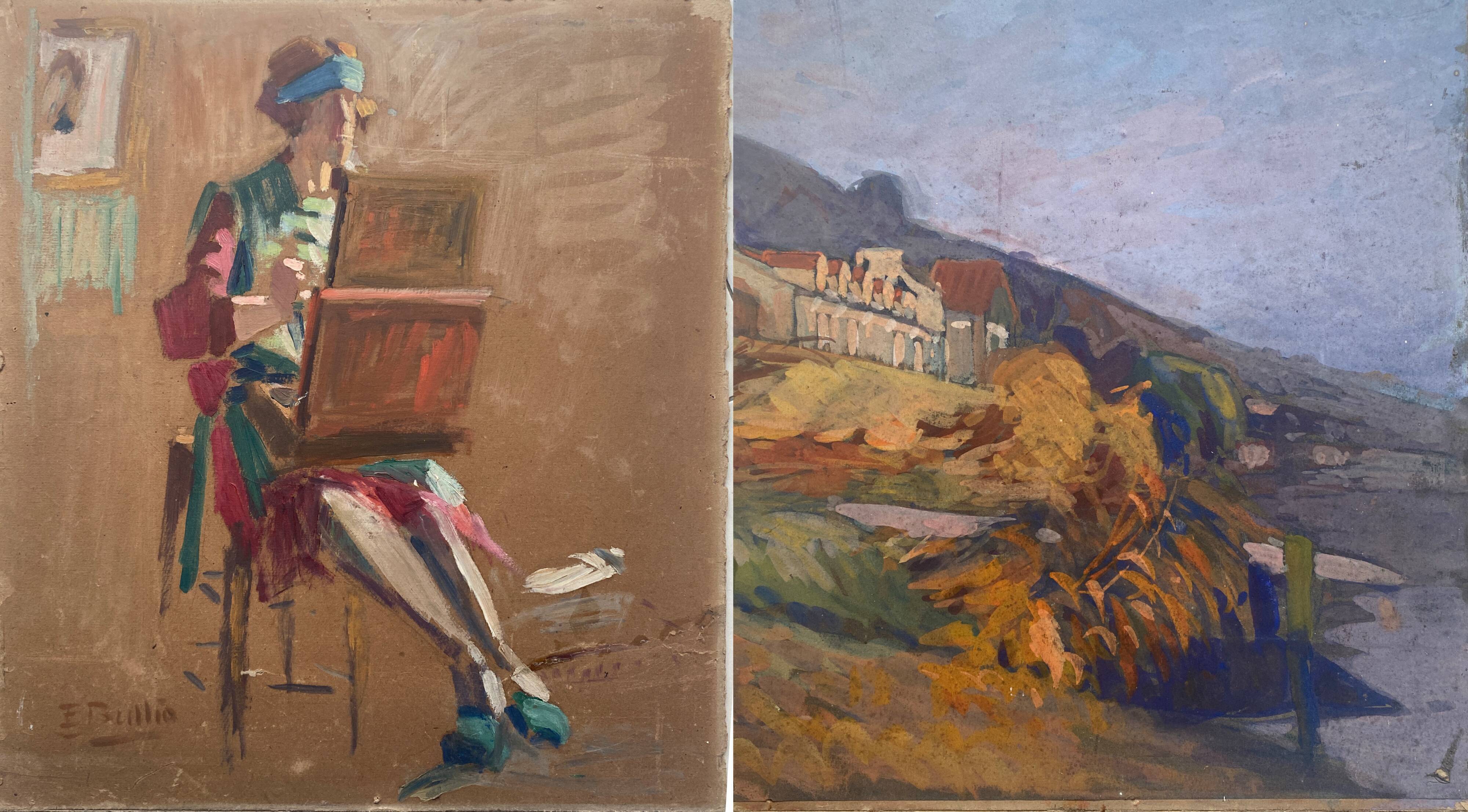 Two-sided painting "The Artist at Work + Landscape" HSP signed E. Bullio (circa 1920)