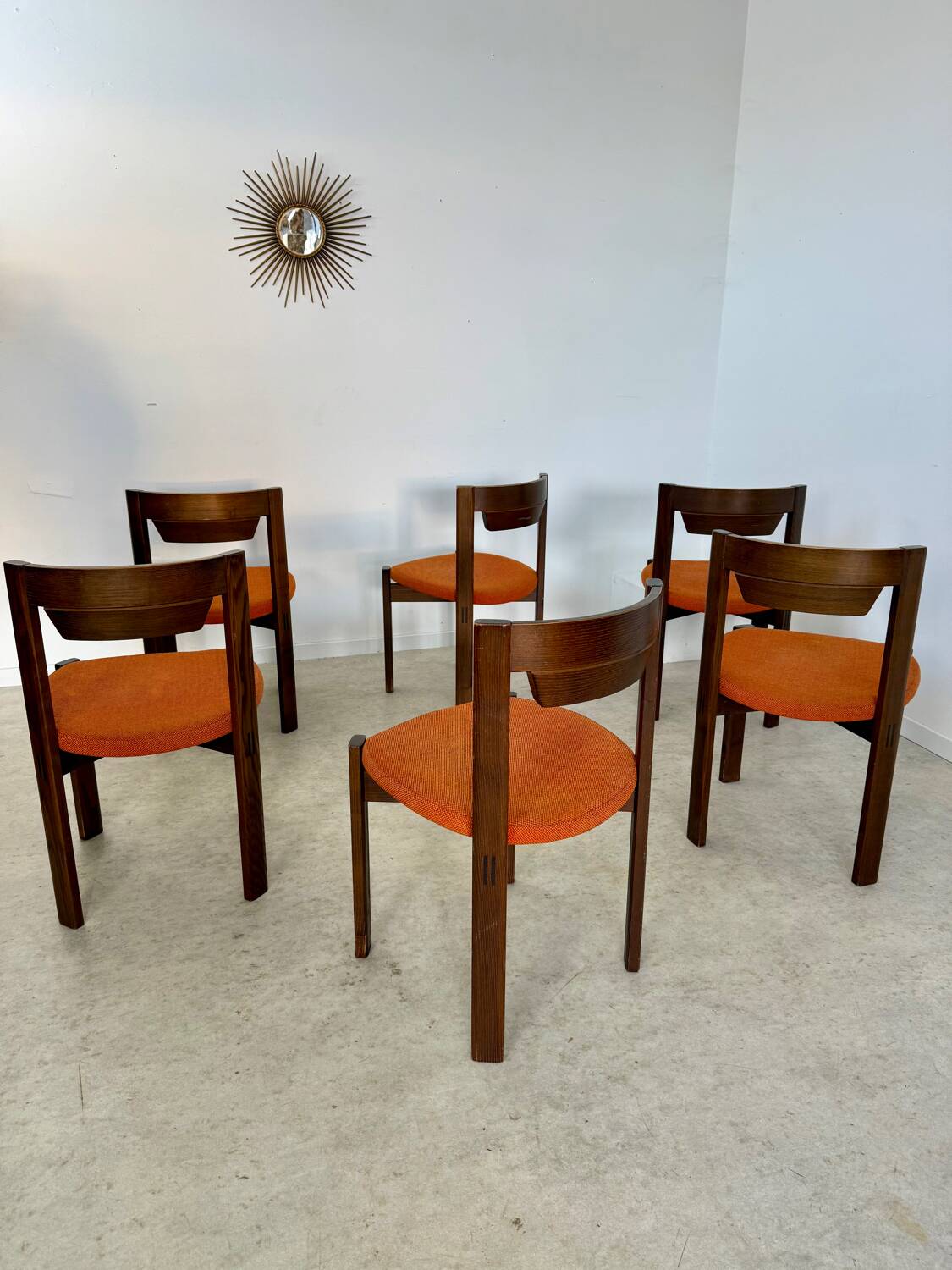 Set of 6 Girsberger Scandinavian style chairs from the 70s, vintage, solid wood, original fabric