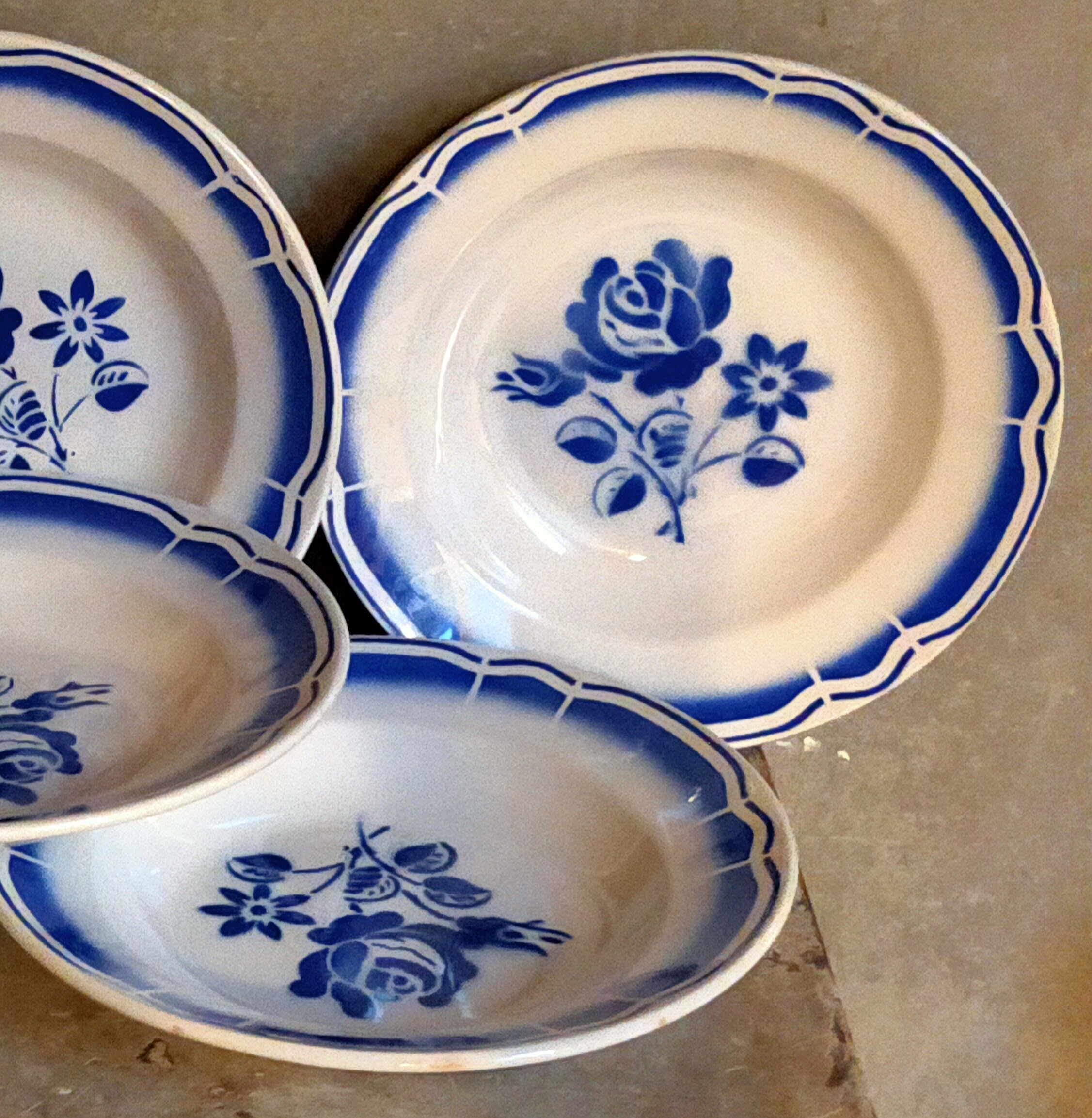Five old "grandmother" plates with blue flowers