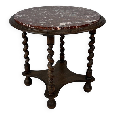 Table d'appoint ancienne avec pieds torsadés et plateau en marbre, années 1930