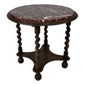 Table d'appoint ancienne avec pieds torsadés et plateau en marbre, années 1930