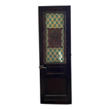 Porte ancienne en bois merisier teinté avec vitrail (XIXe/XXe siècle)