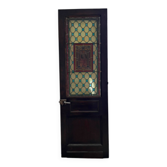 Porte ancienne en bois merisier teinté avec vitrail (XIXe/XXe siècle)