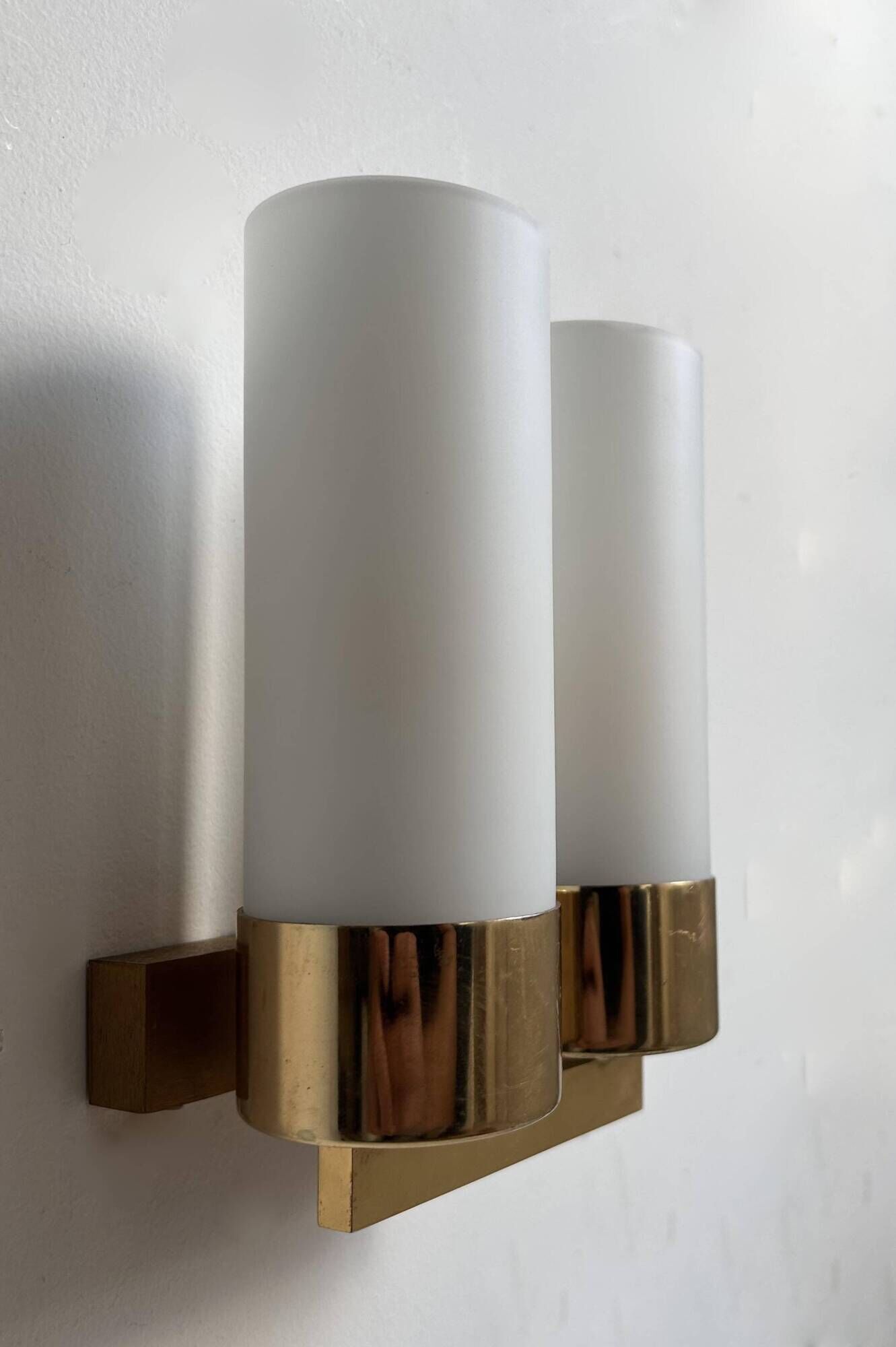Vintage double wall lamp, brass and opaline, Leuchten Neuhaus Germany 1960