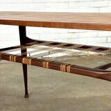 Table basse vintage en teck et rotin