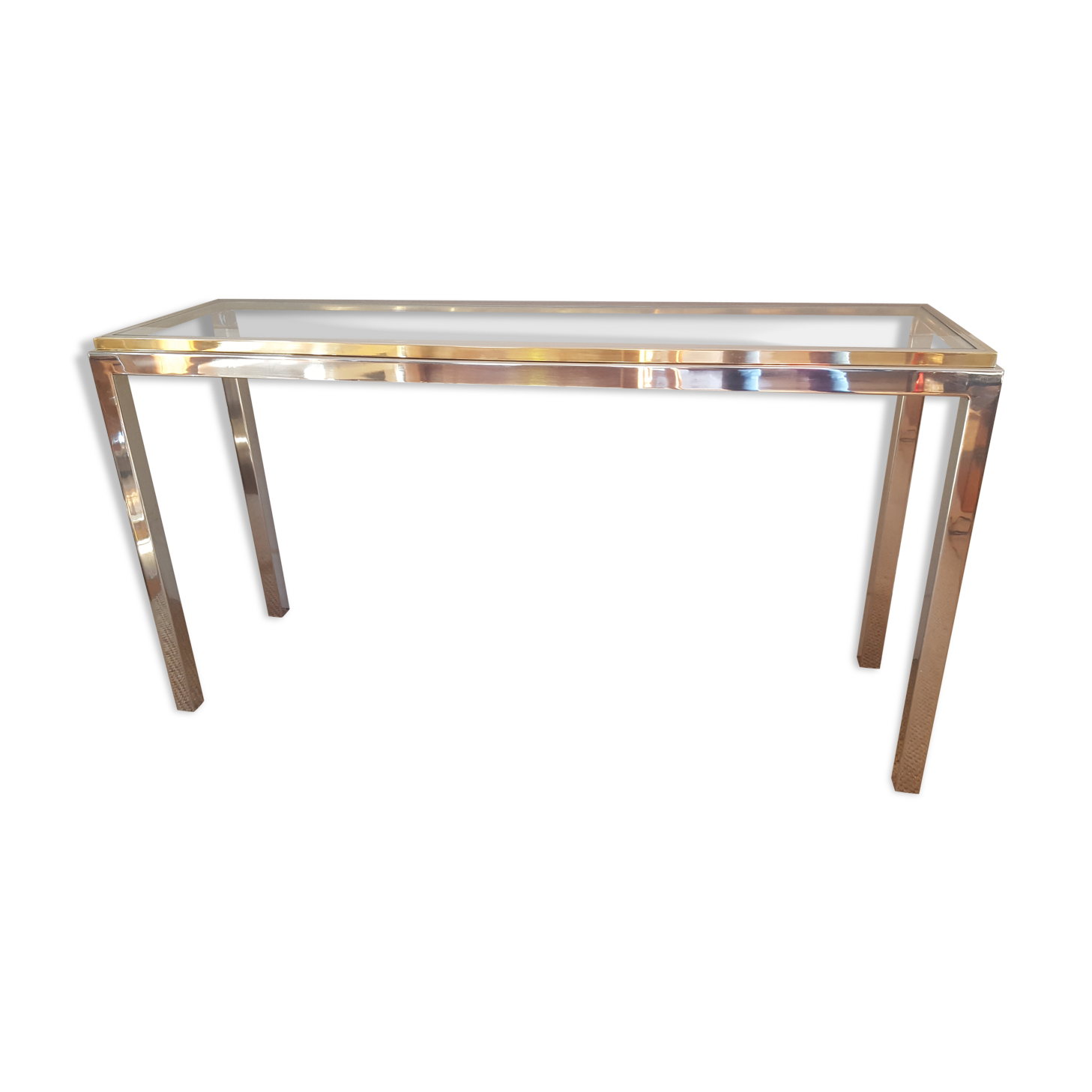 Brass and stainless steel glass console