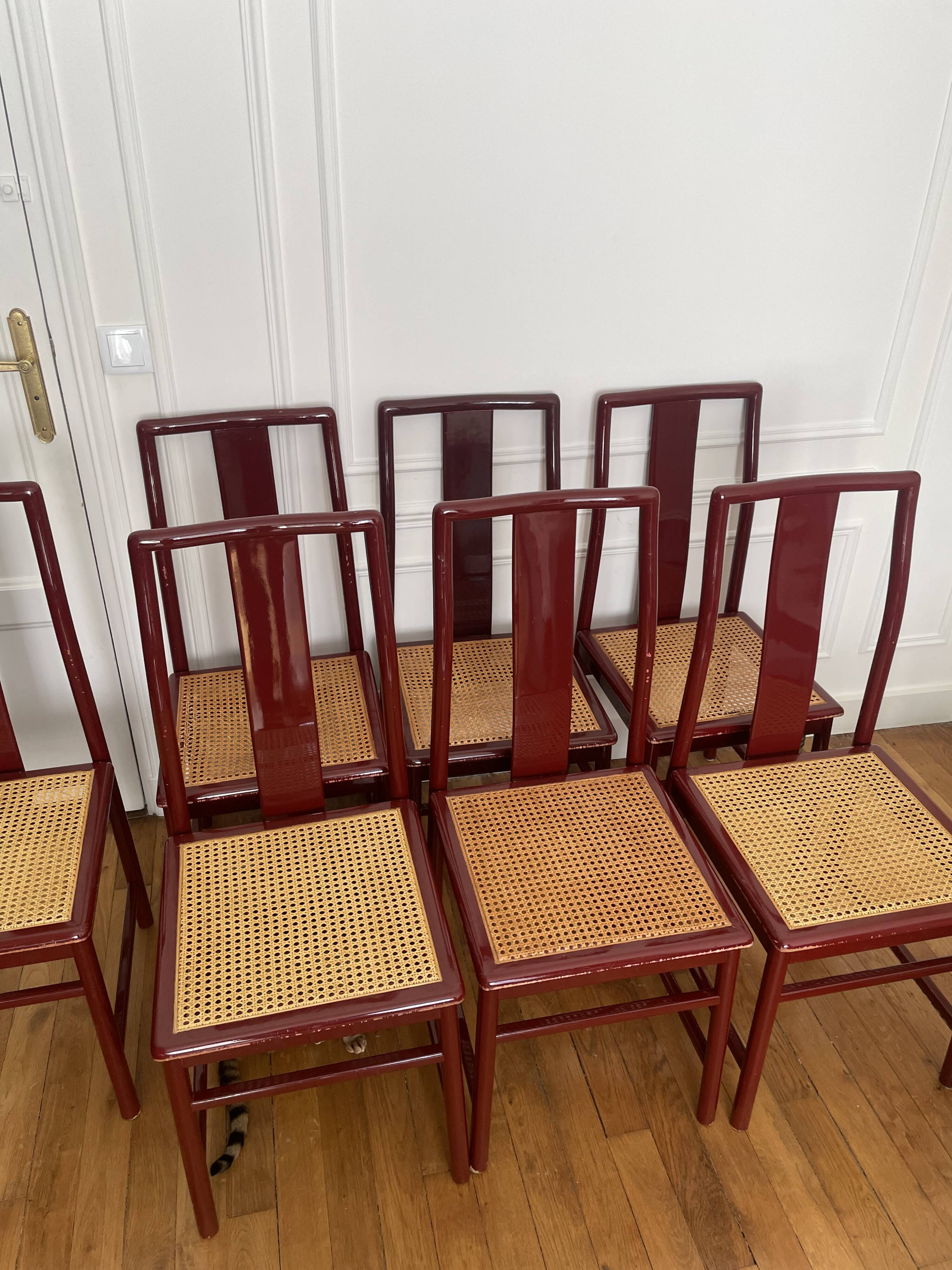 Set of 7 lacquered and caned chairs 1980 MONTINA SPA Italy