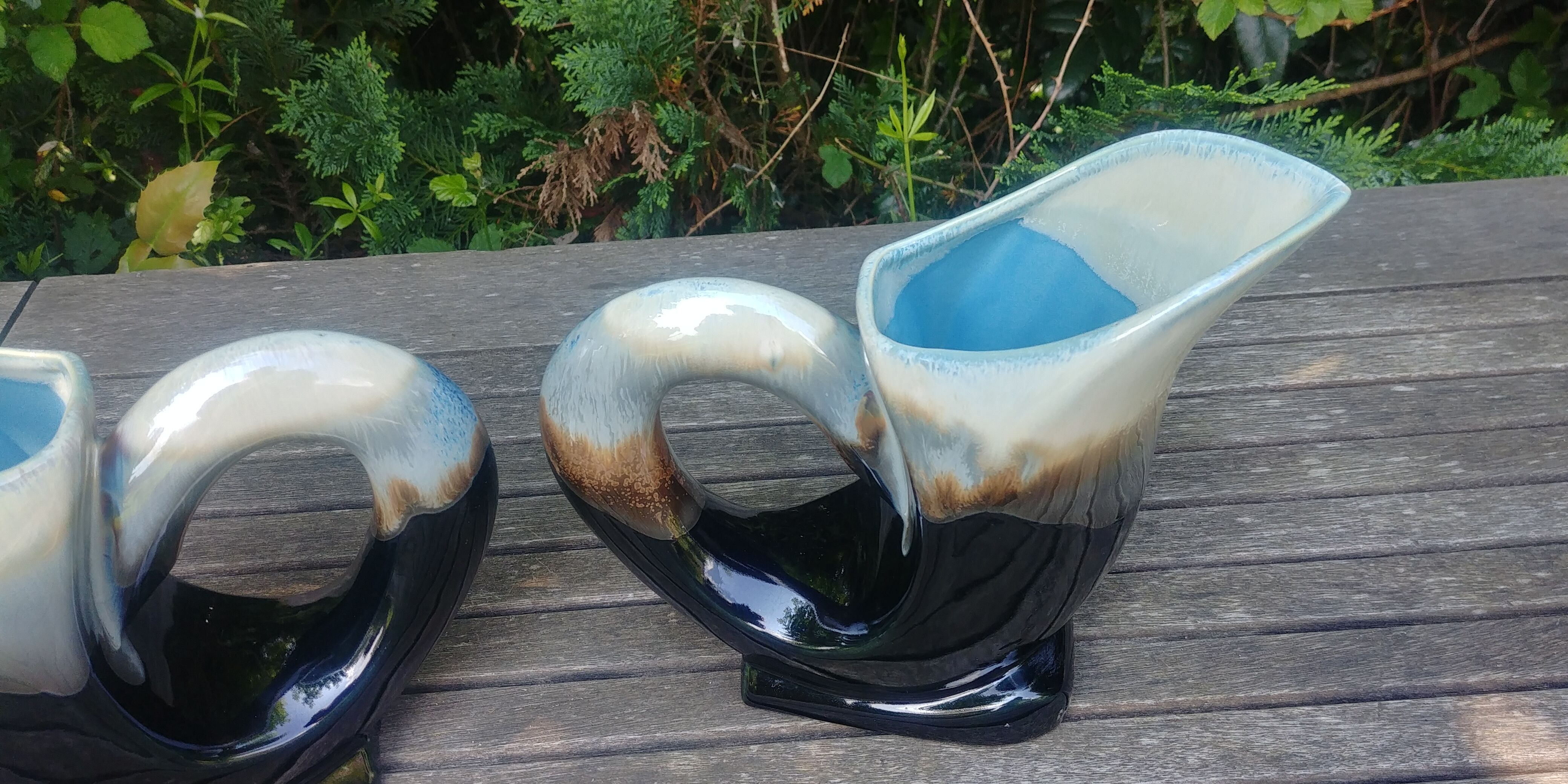 Two swan-shaped vases in glazed ceramic vintage 30/40s
