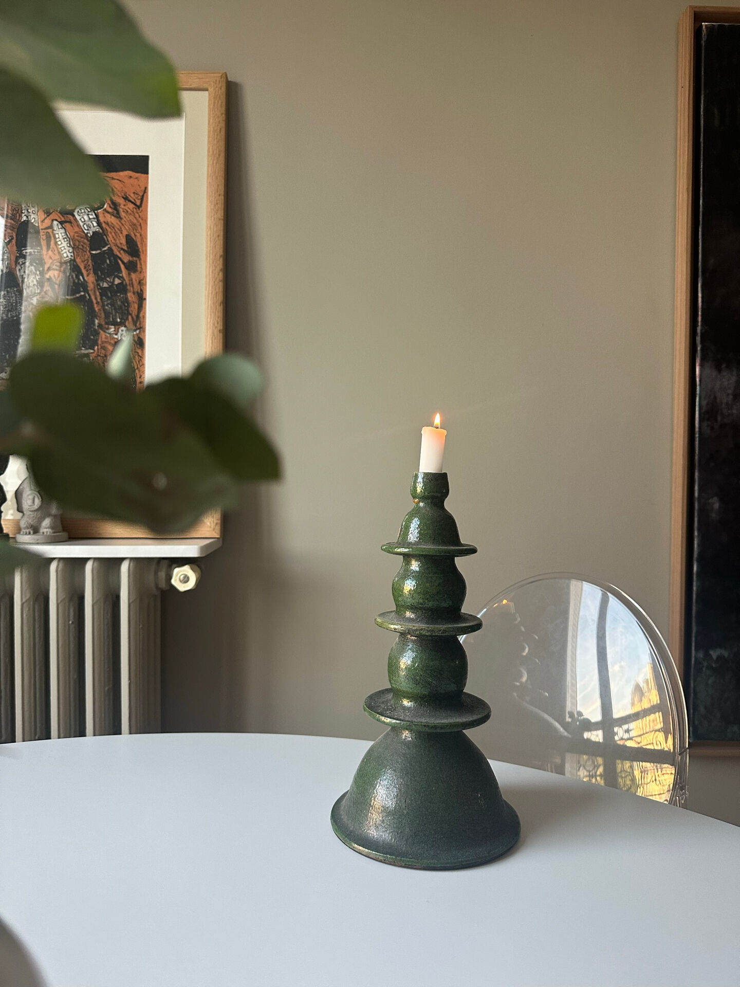 Large sculptural Moroccan candlestick in green Tamegroute ceramic.