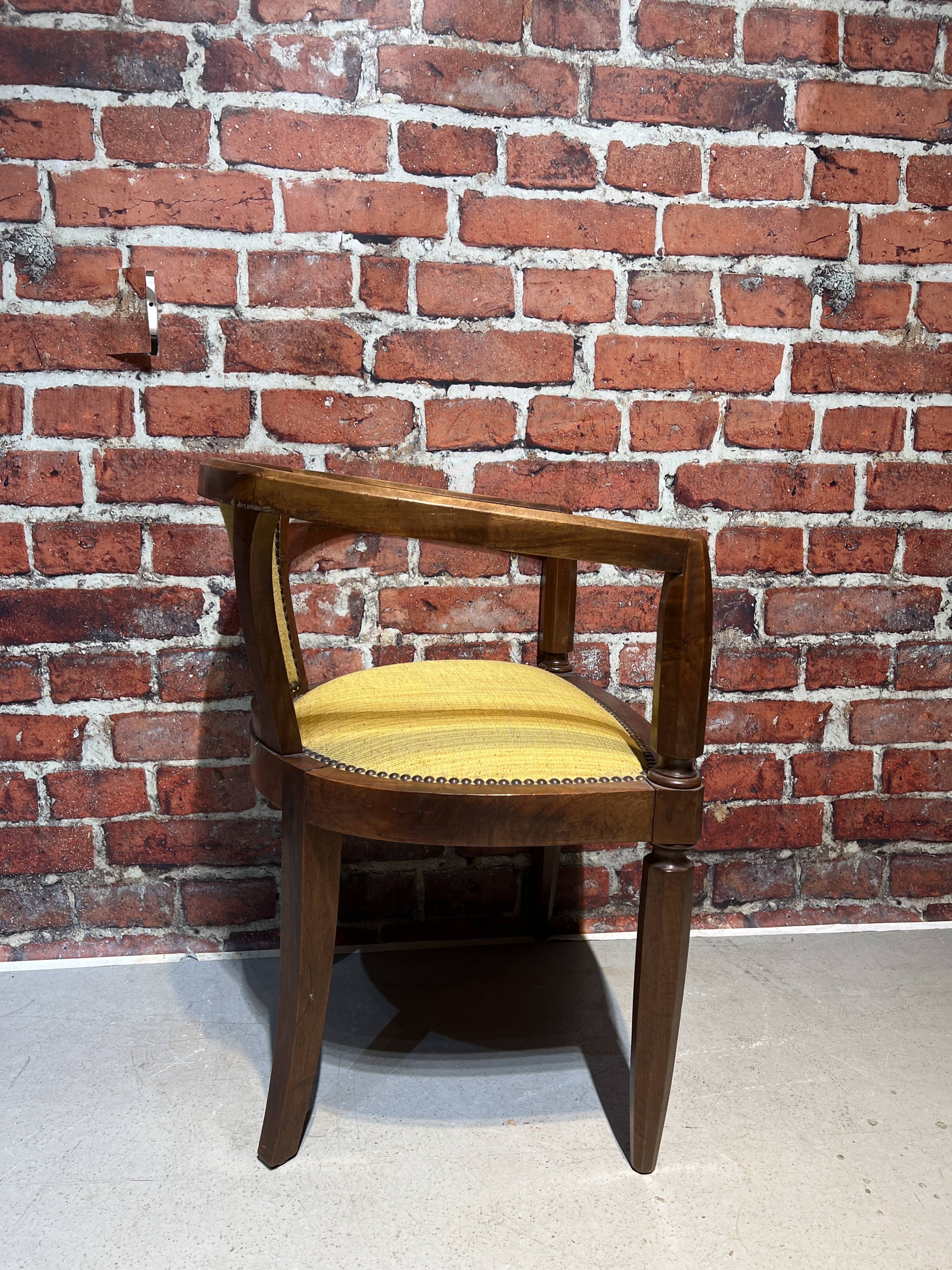 Set of a chair and an armchair in wood and yellow fabric