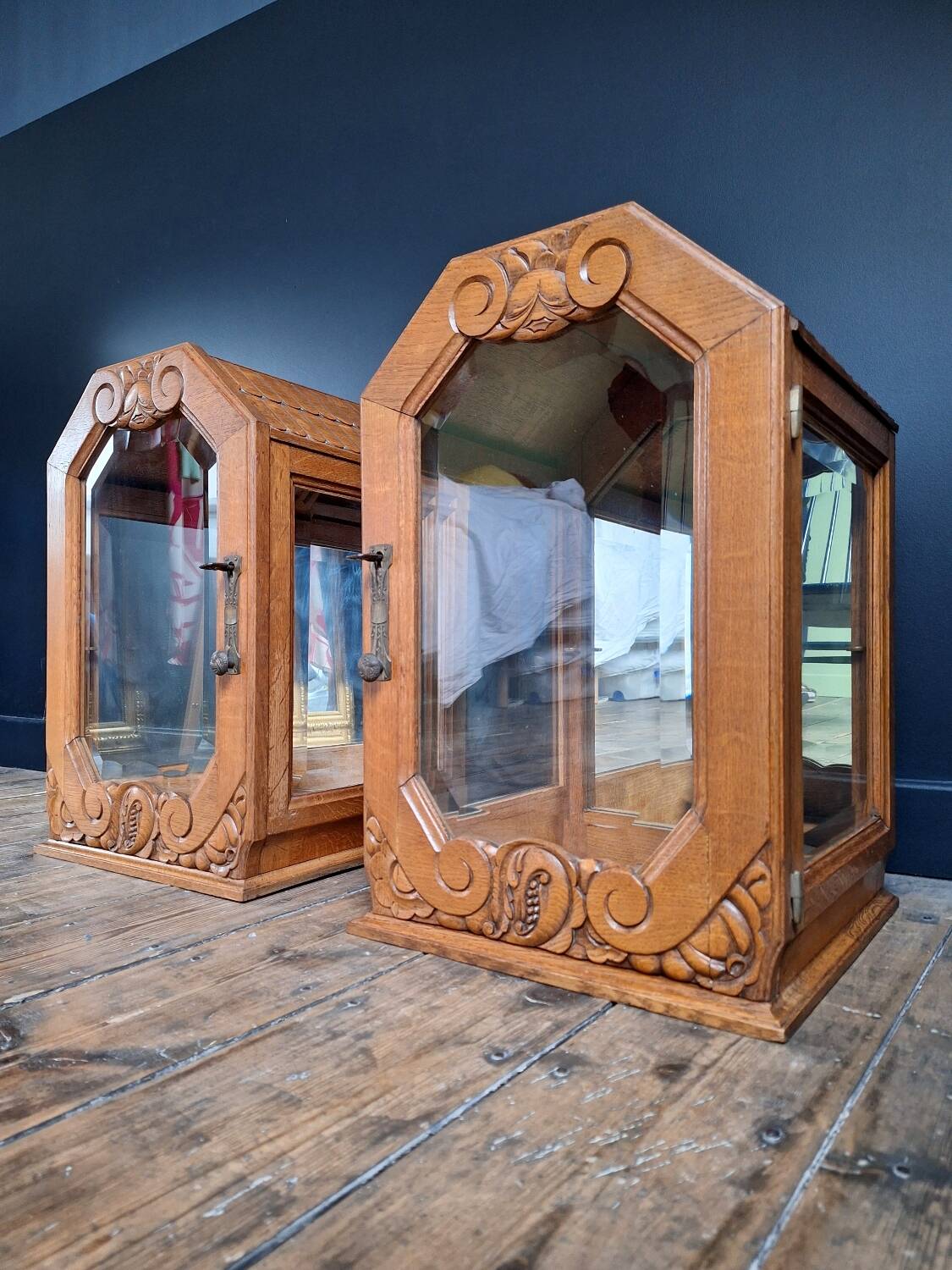 Pair of antique art deco display cabinets, vintage retro decoration