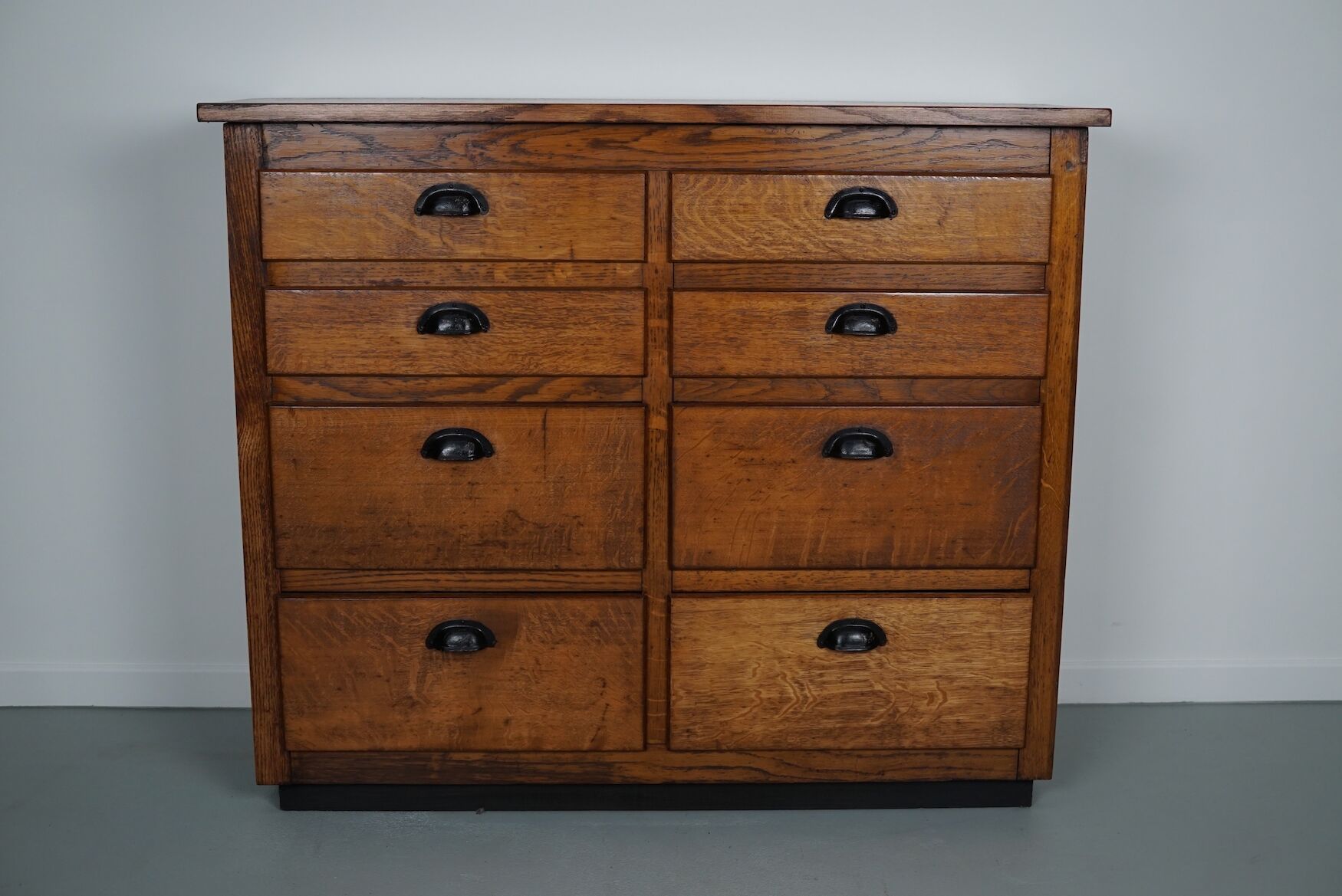 Belgian industrial oak apothecary cabinet, 1940s