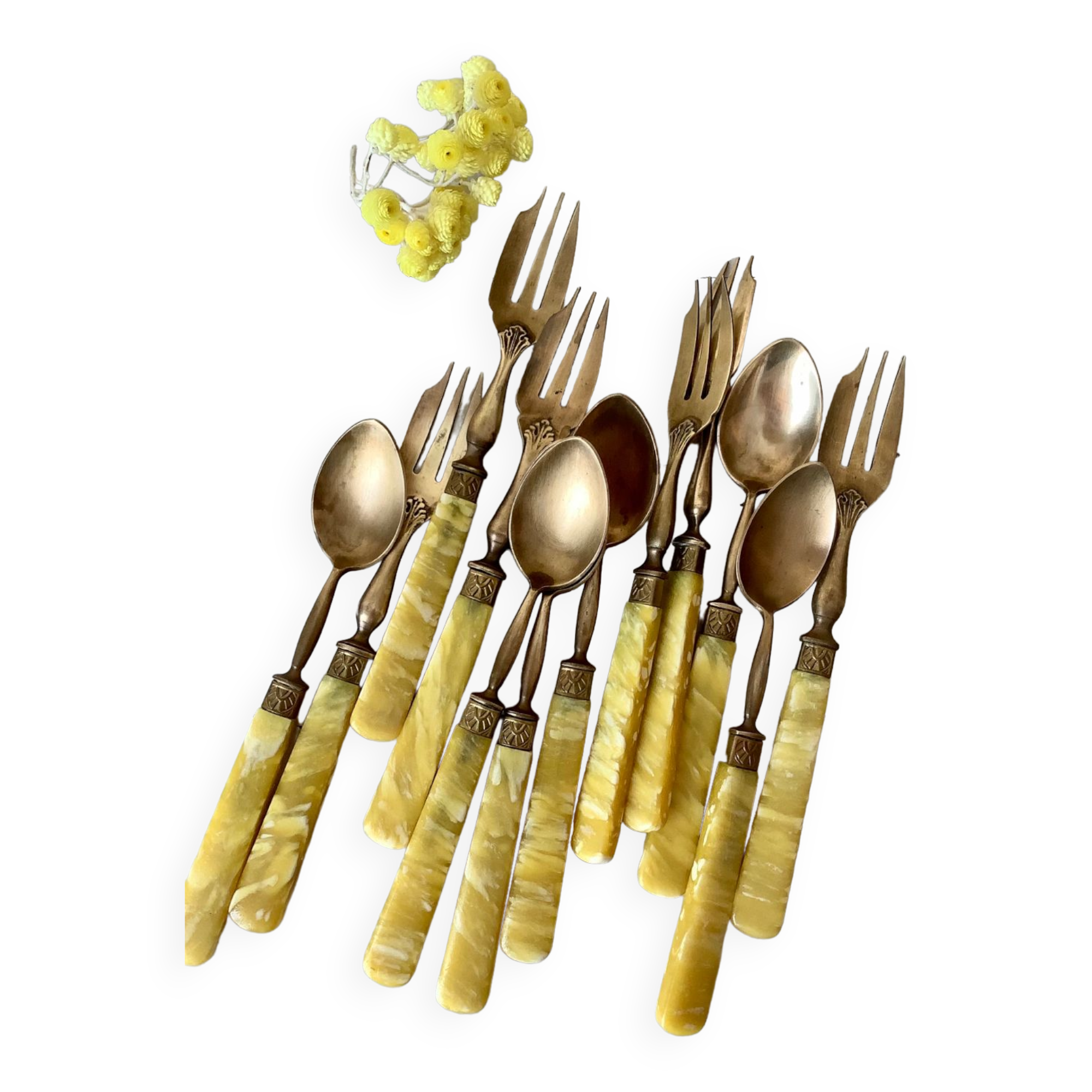 Brass and bakelite dessert cutlery