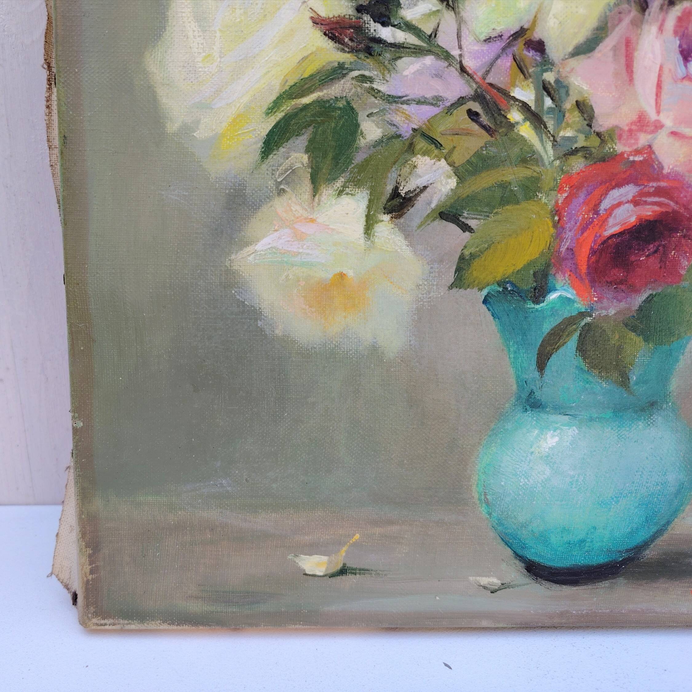 Oil on canvas Bouquet of roses signed Robert