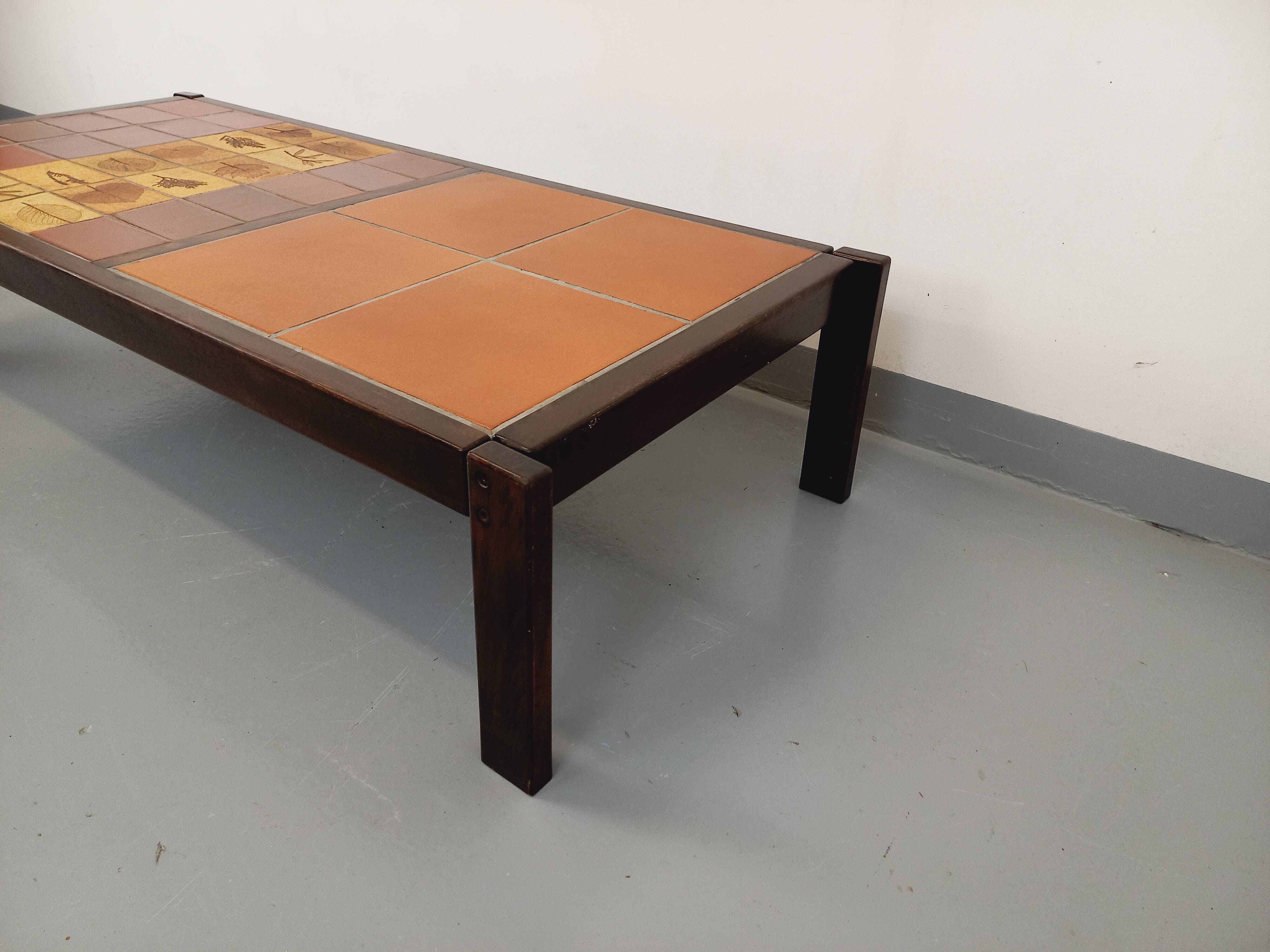 Vintage Roger Capron coffee table in dark wood and Vallauris ceramic from the 60s 70s