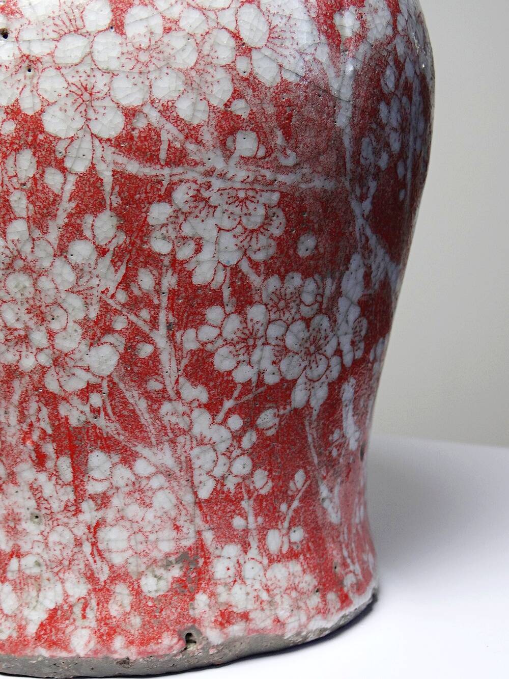 Glazed raku ceramic vase decorated with sakura, vintage 1980s-1990s.