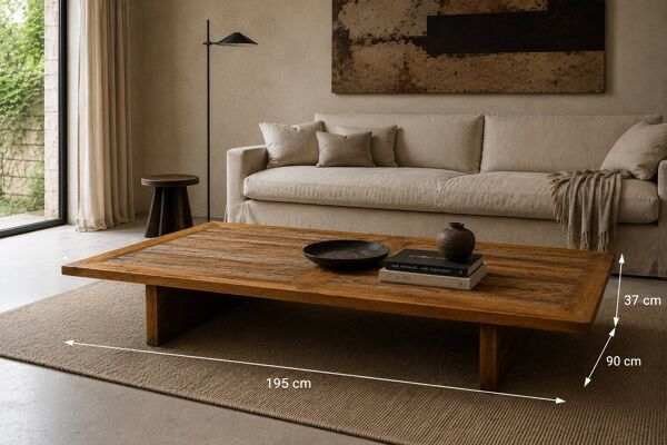 Table basse rustique brutaliste en bois massif ancien 195 x 90 cm