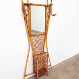 French Bamboo wall coat rack with large mirror, 1960