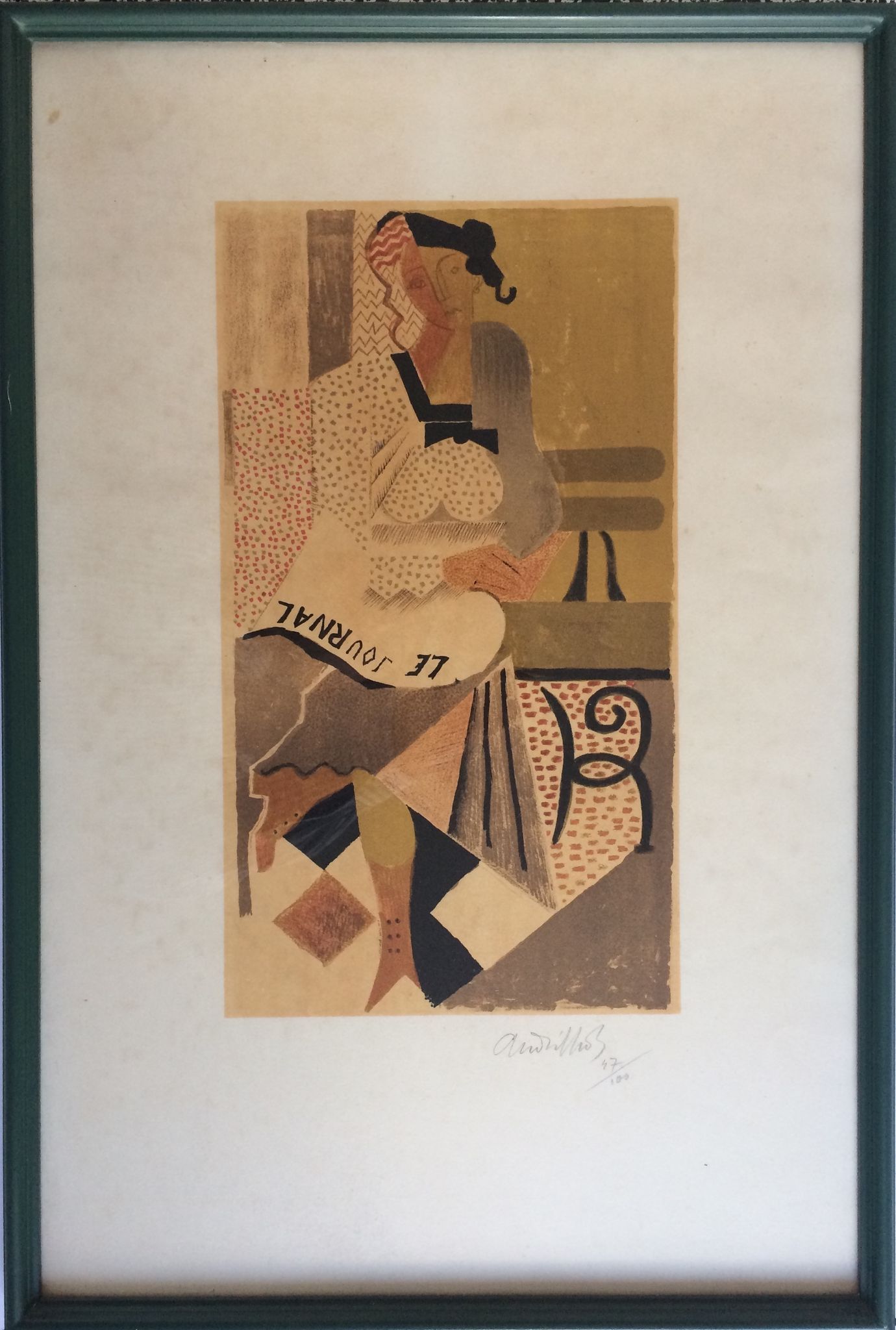 Michel Andrillon The newspaper, a woman sitting on a bench. Signed and framed colour printing