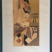 Michel Andrillon The newspaper, a woman sitting on a bench. Signed and framed colour printing